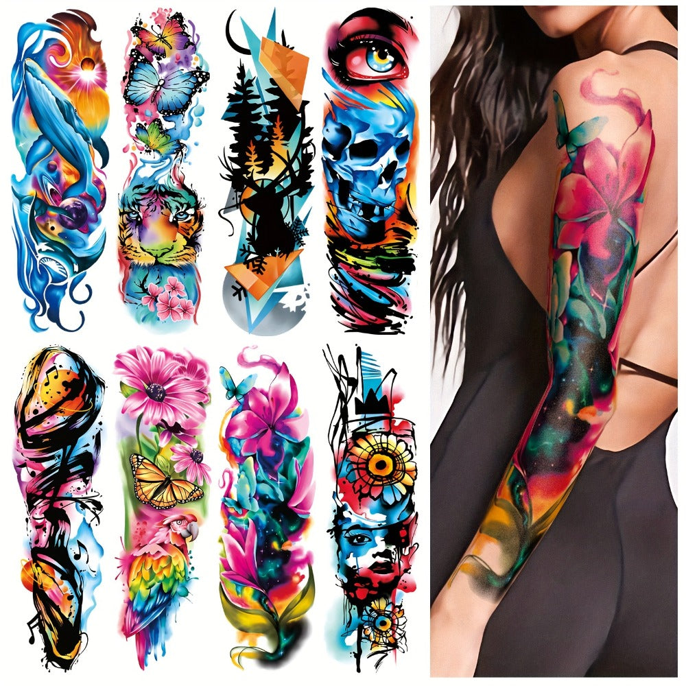 Temporary Tattoos, 46-Sheet Colorful Floral, Geometric, Portrait and Ink-Painting Style Body Art Set — image 3