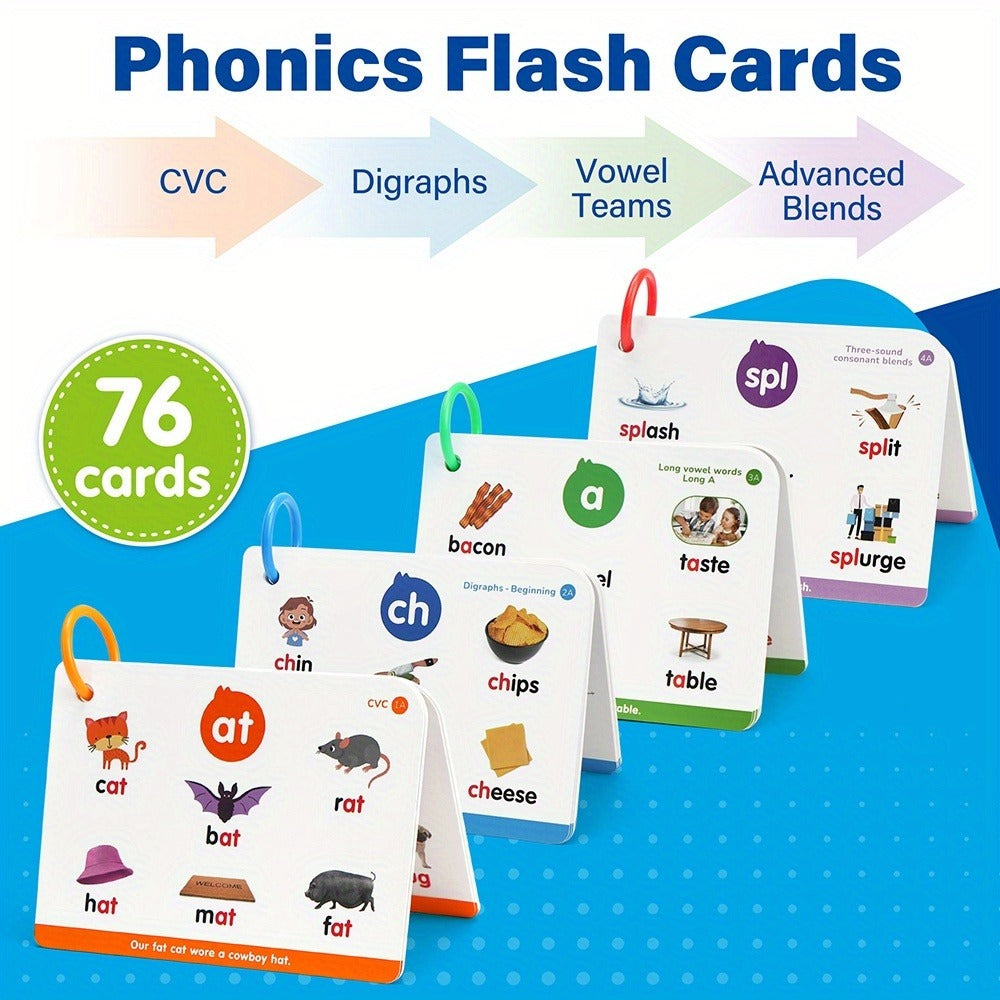 Phonics Flash Cards for Kids 76 Cards 24 Principles, CVC Digraphs Consonant Blends Long Vowels — image 3