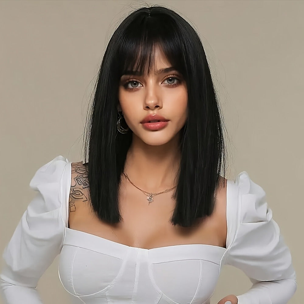 Synthetic Wig 16-Inch Black Straight Blunt Bob with Bangs, 180% Density and Rose Net Cap for Office Wear — image 4
