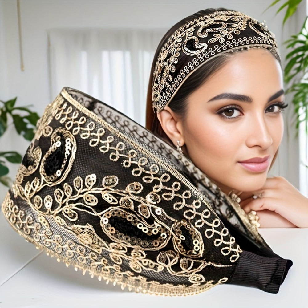 Hair Accessories Two-Piece Wide Embroidered Headband Set with Sequin Floral Details and Color Choices — image 9