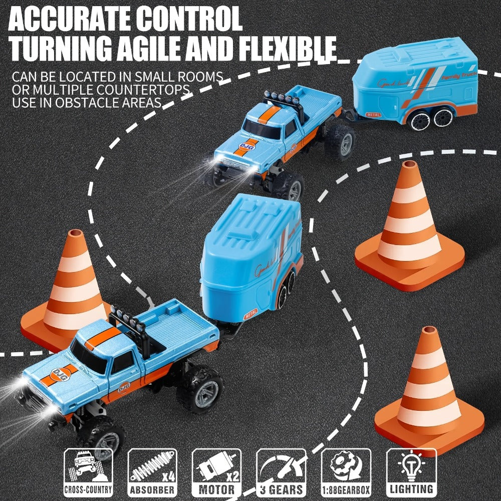 Mini RC Off-Road Truck with Trailer 1:64 Scale Die-Cast Remote Control Car with the Listed Color, Size or Set Options for Eve