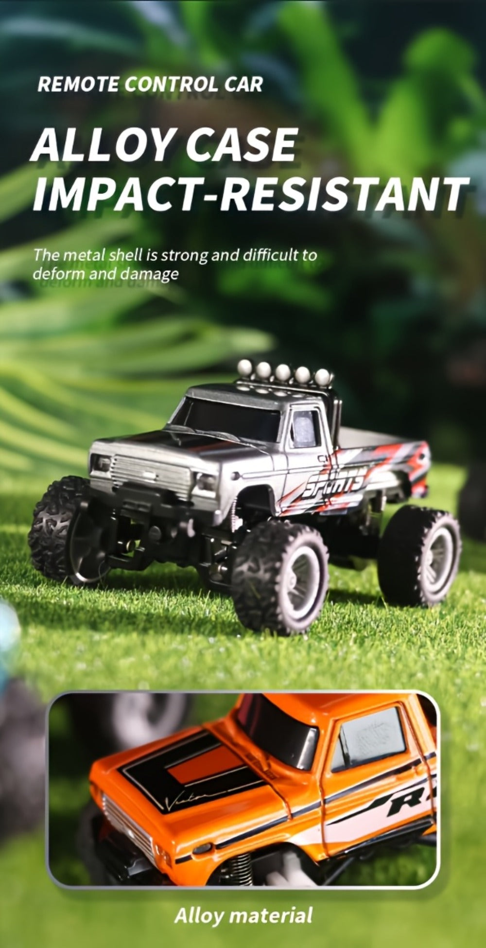 Remote Control Car, 1:64 Scale Alloy Mini Off-Road Truck with 2.4GHz Control, Shock Suspension, Running Lights and Five Color