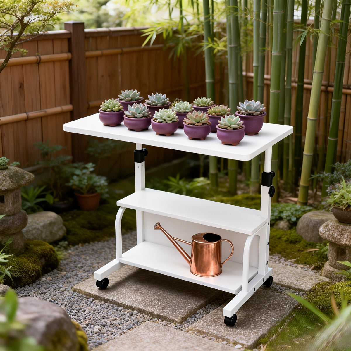 Garden Work Table 31.5" Adjustable Height Mobile Desk with Storage Shelves, Metal Frame, for Patio Outdoor Bedroom Office Pot