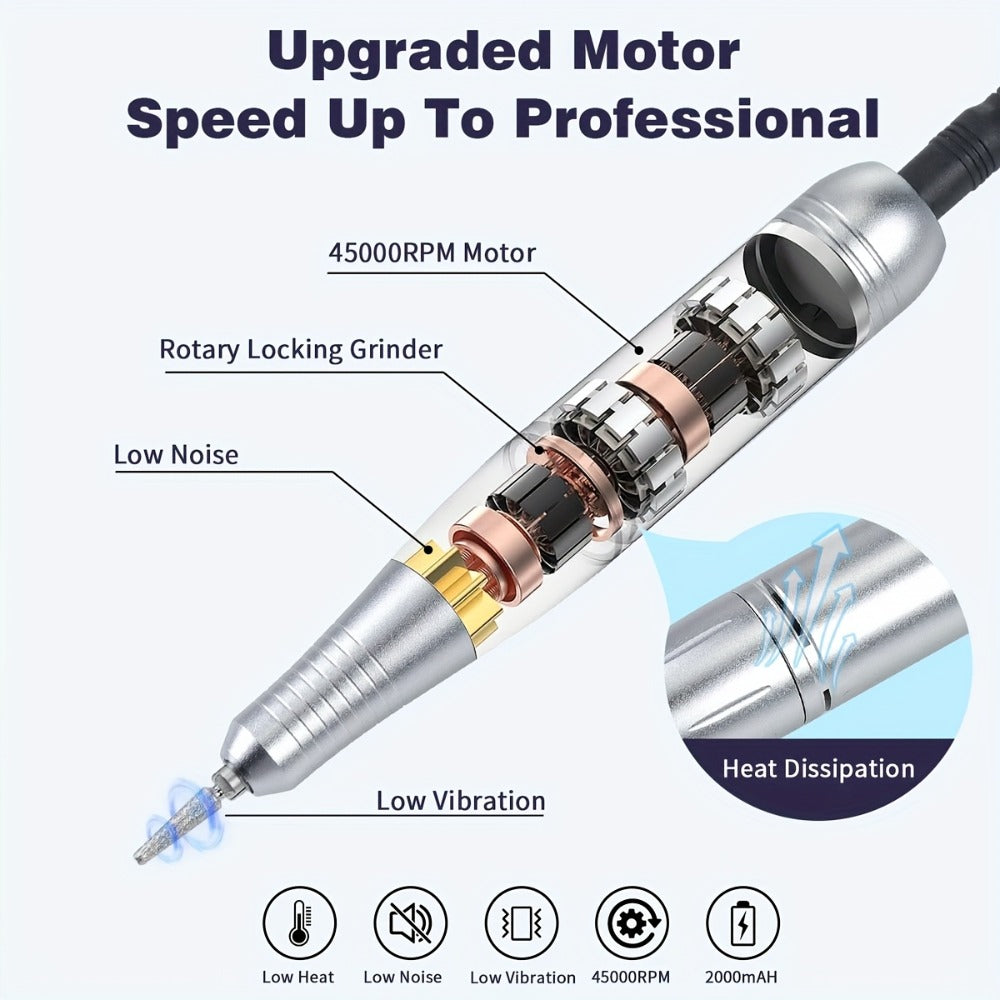Low Noise Nail Drill Machine 45000RPM Rechargeable with LCD Display – Quiet Electric E-File for Gel Polish Acrylic Natural Na