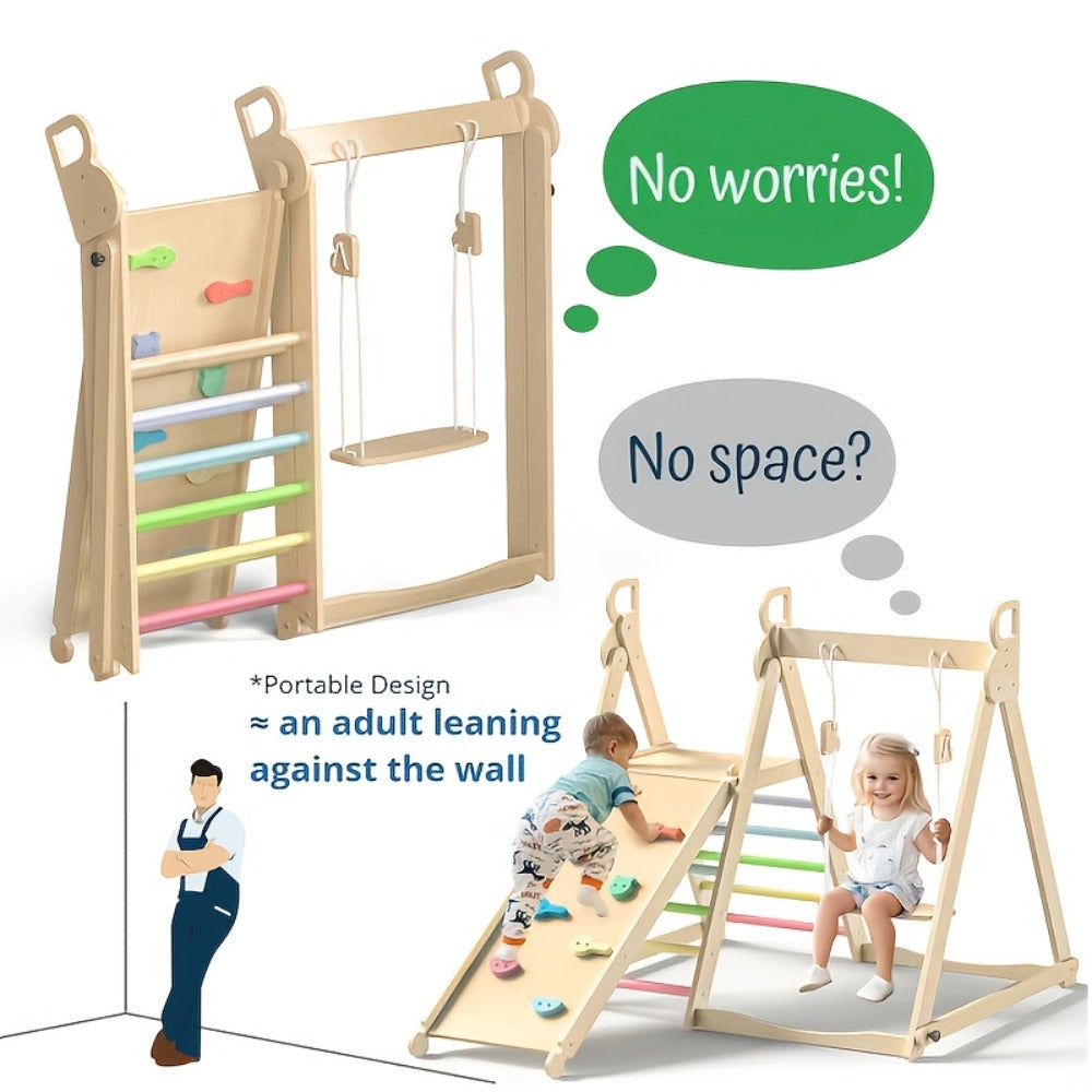 Foldable Indoor Wooden Jungle Gym for Toddlers, 4-in-1 Climbing Frame with Swing, Slide & Ladder — image 10