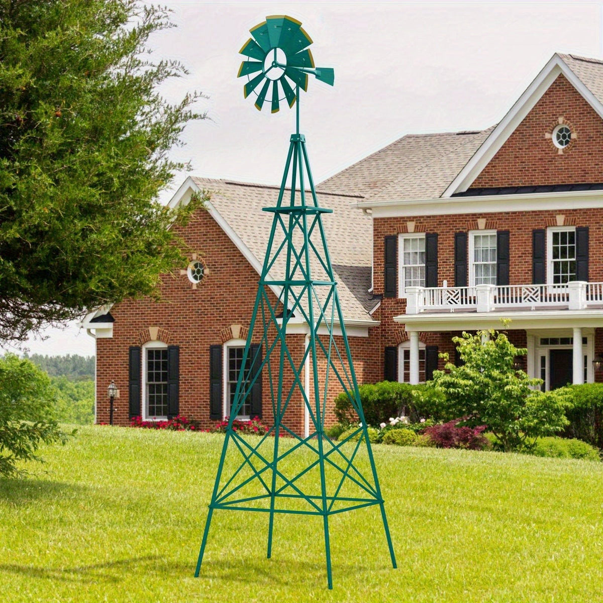 Decorative Windmill 8 ft Metal Outdoor Garden Windmill with Weathervane 4 Ground Stakes All-Weather for Garden, Patio and Yar