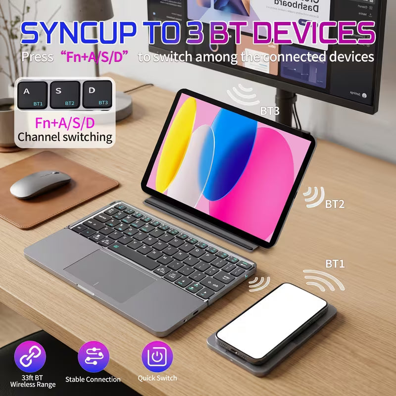 Ultra-Thin Foldable Wireless Keyboard with Touchpad and Stand