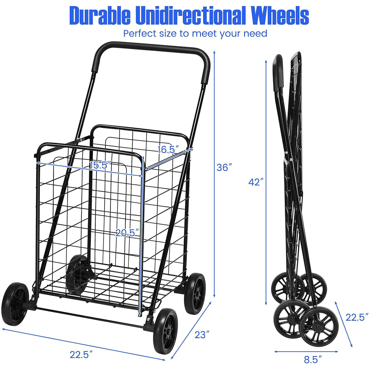 Rolling Shopping Cart Metal Basket, Foldable Grocery Utility Cart with Foam Handle Large Wheels 22 Gal for Supermarket Laundr