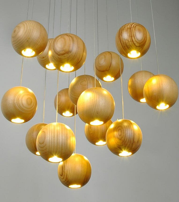 Nordic wood solid wood ball chandelier creative personality living room dining room hanging lamps