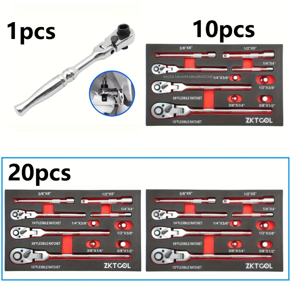 Swivel Head Ratchet Wrench Set – Spring-Loaded Flex Head 1/4" 3/8" 1/2" Drive with Extension Bar, Single or Multi-Pack for Au