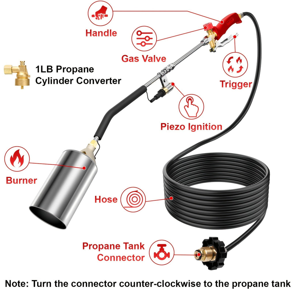 Weed Burner Torch Propane with 10ft Hose & Turbine Trigger, High-Output Flame Weeder with Cylinder Converter for Garden Weedi