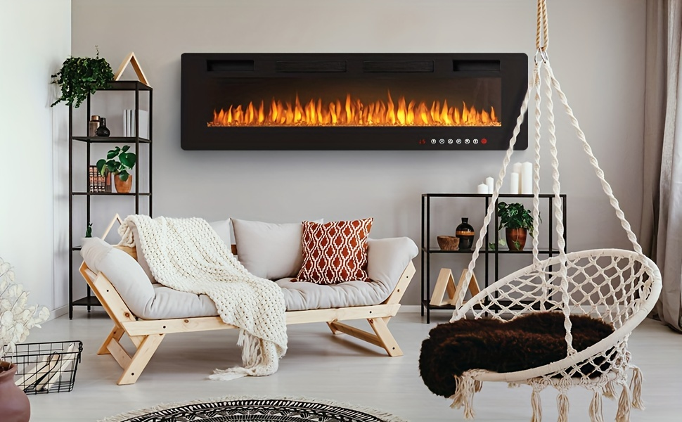 Wall Mounted Electric Fireplace Recessed In-Wall Linear Heater Multicolor Flame 750W/1500W Touch Screen for Garden, Patio and