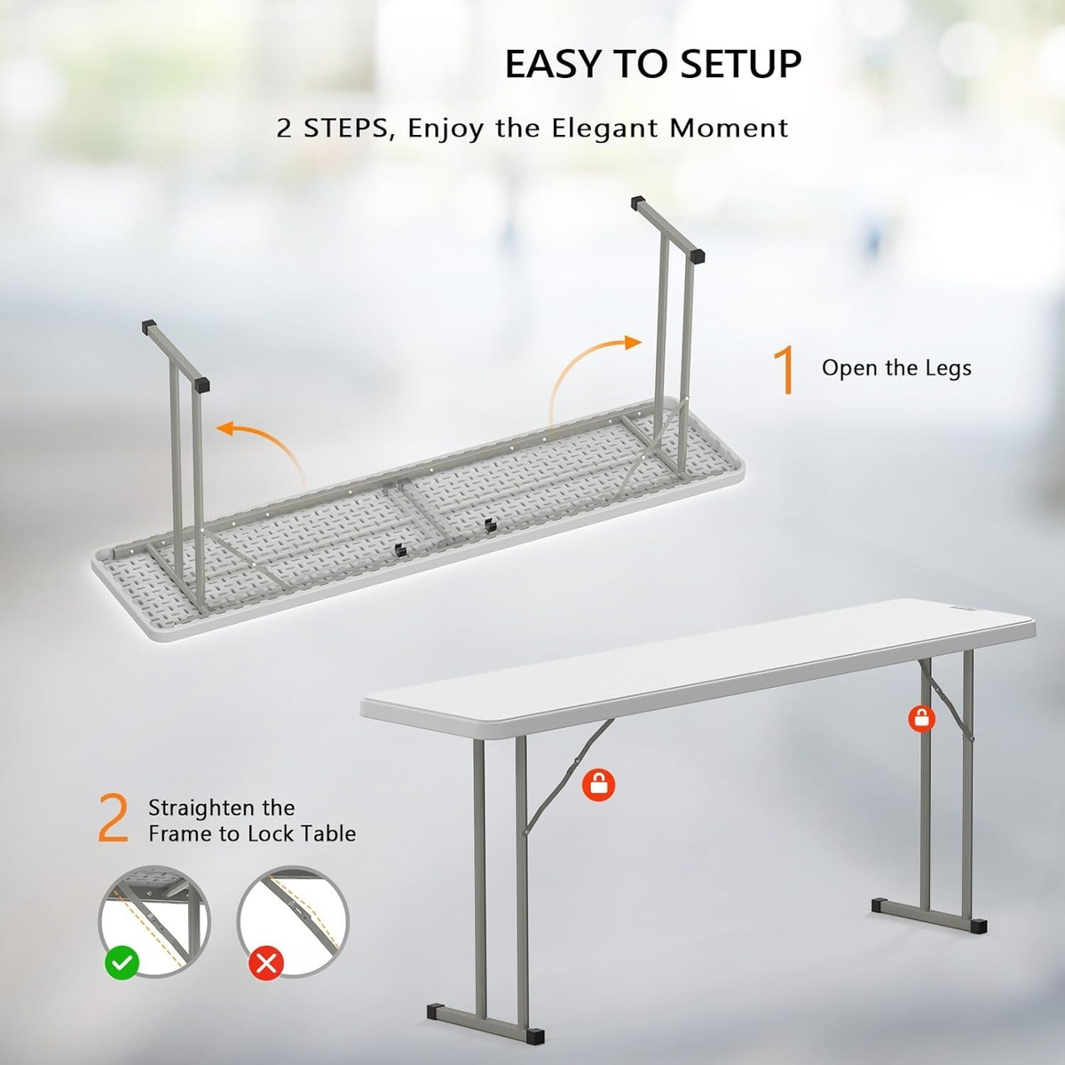 Narrow White 6-Foot Portable Folding Table with Rectangular Top and Folding Gray Leg Frame — image 7