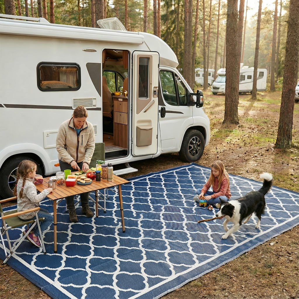 Outdoor Area Rug Waterproof Foldable Picnic Mat for Patio Balcony RV Camping Beach Garden – Blue Clover & Gray, Multiple Size