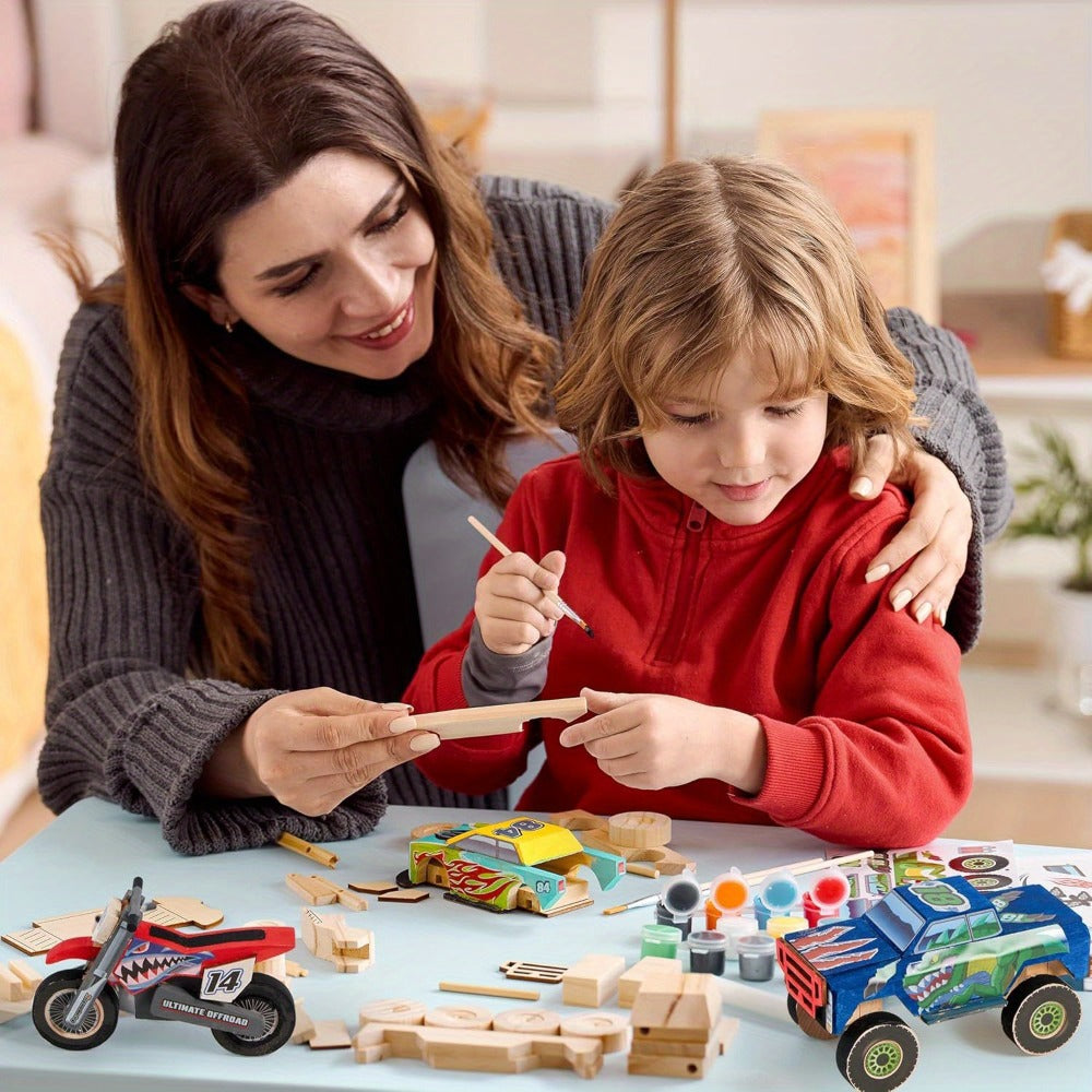 Build and Paint Wooden Vehicle Kit for Kids 144 Pieces, Race Car Motorcycle Monster Truck, 12 Colors 3 Brushes Racing Decals 
