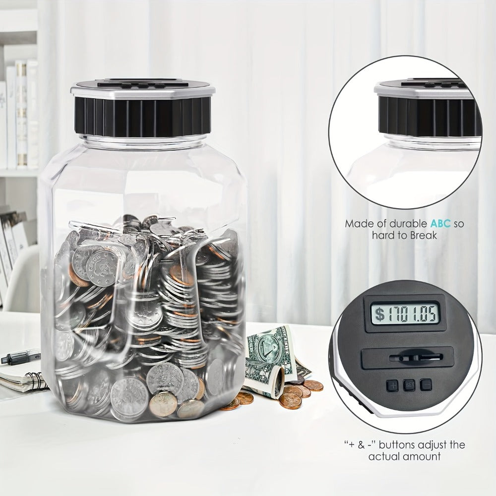 Digital Coin Counting Piggy Bank for Adults, Extra Large 2.4L LCD Counter Jar, Transparent Acrylic Money Saving Bank with Dis