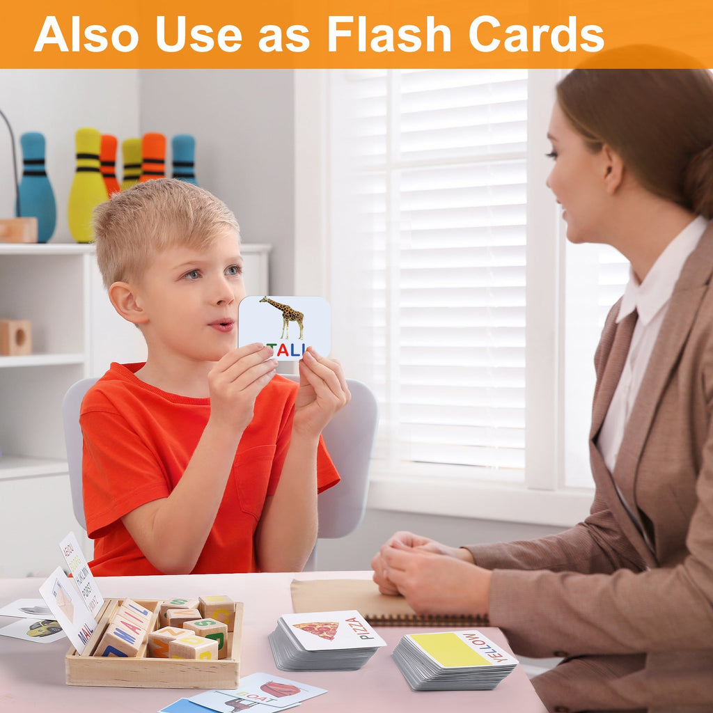 Phonics Word Builder Kit 110+ CVC Flash Cards 10 Letter Blocks Wooden Tray Spelling Matching Game | Learn to Read Toy for Pre