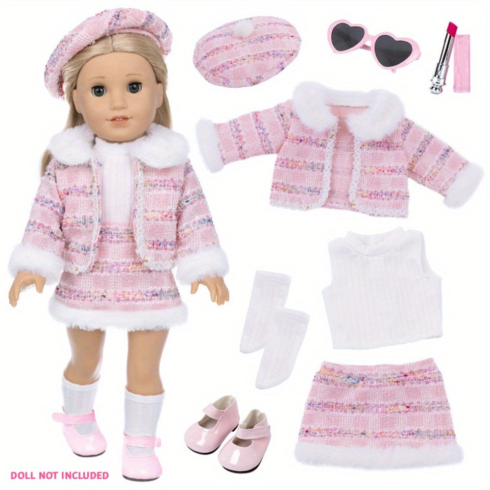 18 Inch Doll Knitted Clothes Outfit Set with Hat Jacket Skirt Shoes Socks Sunglasses Lipstick — image 3