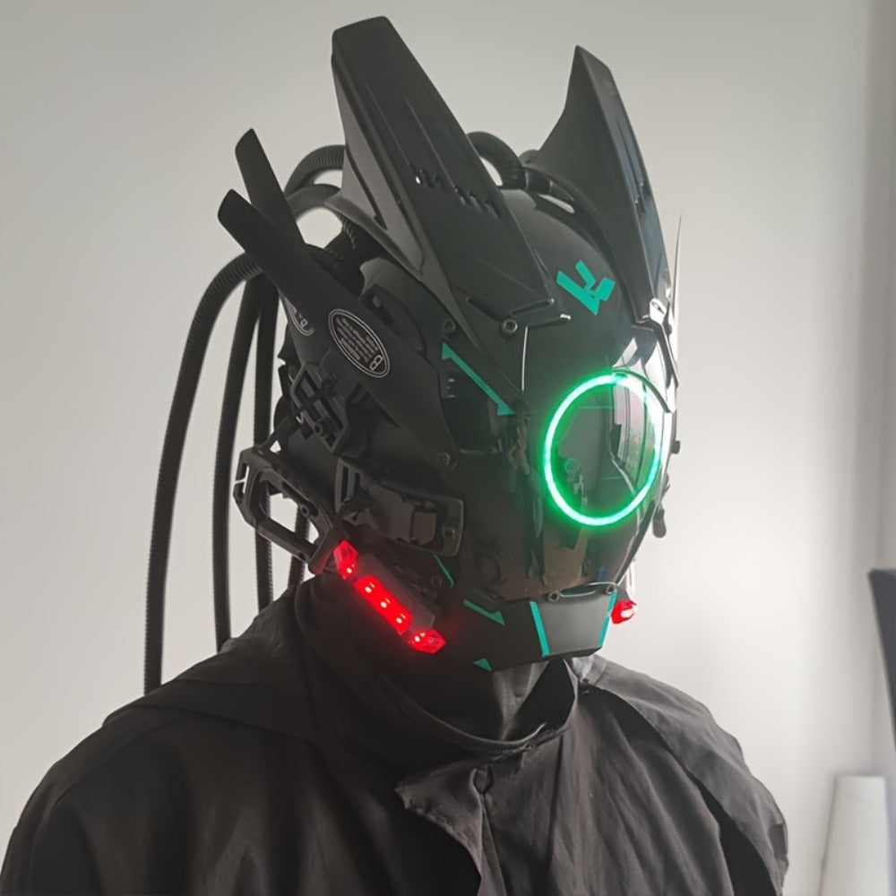 LED Braided Cyberpunk Costume Helmet with Circular Face Light and Blue, Green or Pink Accent Styles — image 31
