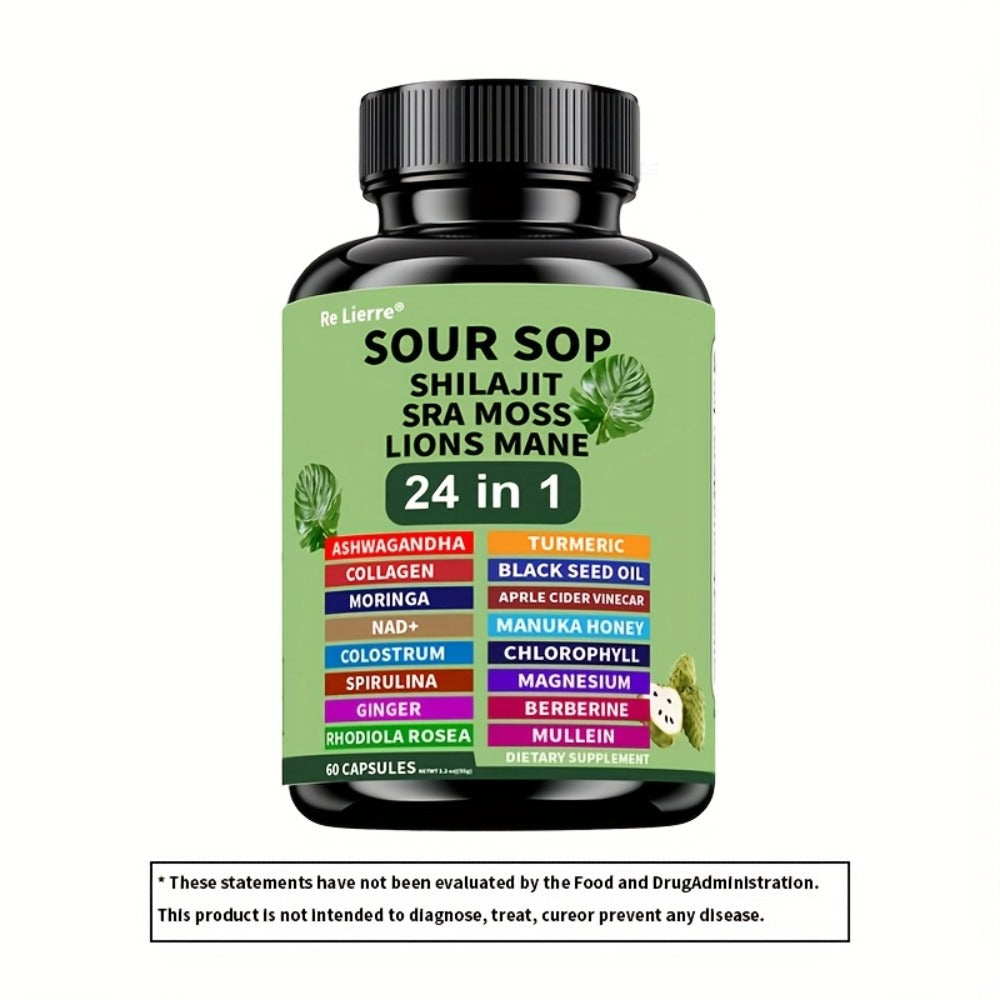 Dietary Supplement Sea Moss 24-in-1 Capsules with Soursop, Lion’s Mane and Shilajit, One or Two Bottles — image 8
