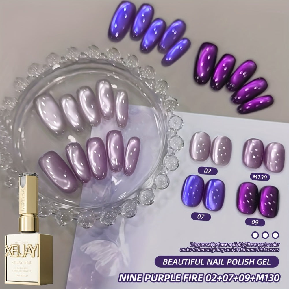Gel Nail Polish Set with XEIJAYI Label, 4 Purple Iridescent Cat Eye Colors and M130 Gel Shade — image 3