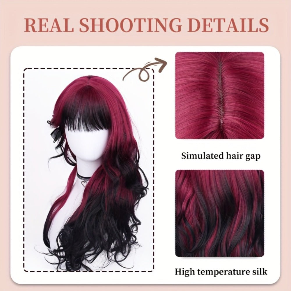 Long Curly Wig Black Red Highlights 28 Inch Wavy Synthetic Rose Net Cap Glamorous Voluminous Hair for Women Cosplay Party Hal
