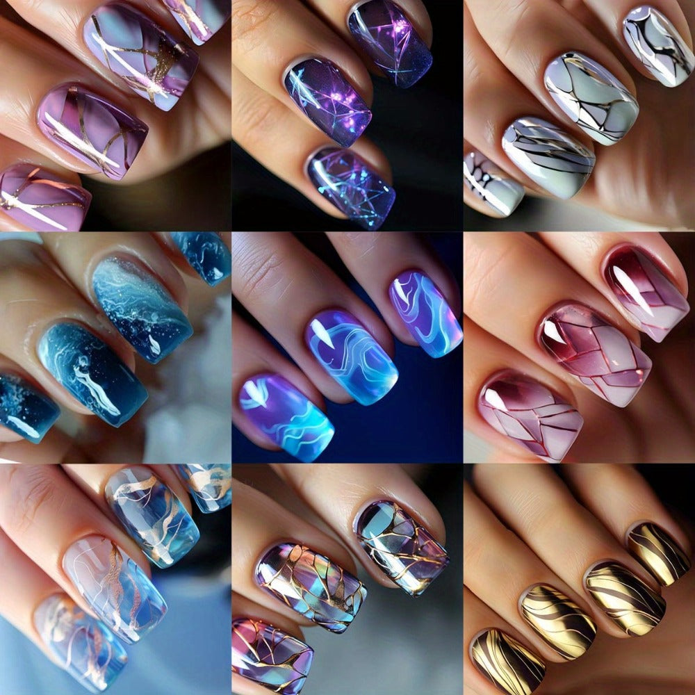 Press On Nails 215-Piece Short Square Nine-Pack Marble Brown Line Gradient Glossy Set with Glue — image 6