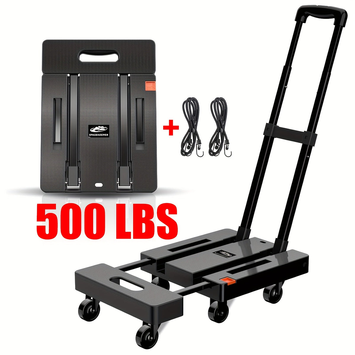 Folding Hand Truck Dolly, Collapsible Luggage Cart with 6 Wheels & 2 Elastic Straps for Moving, Travel — image 1