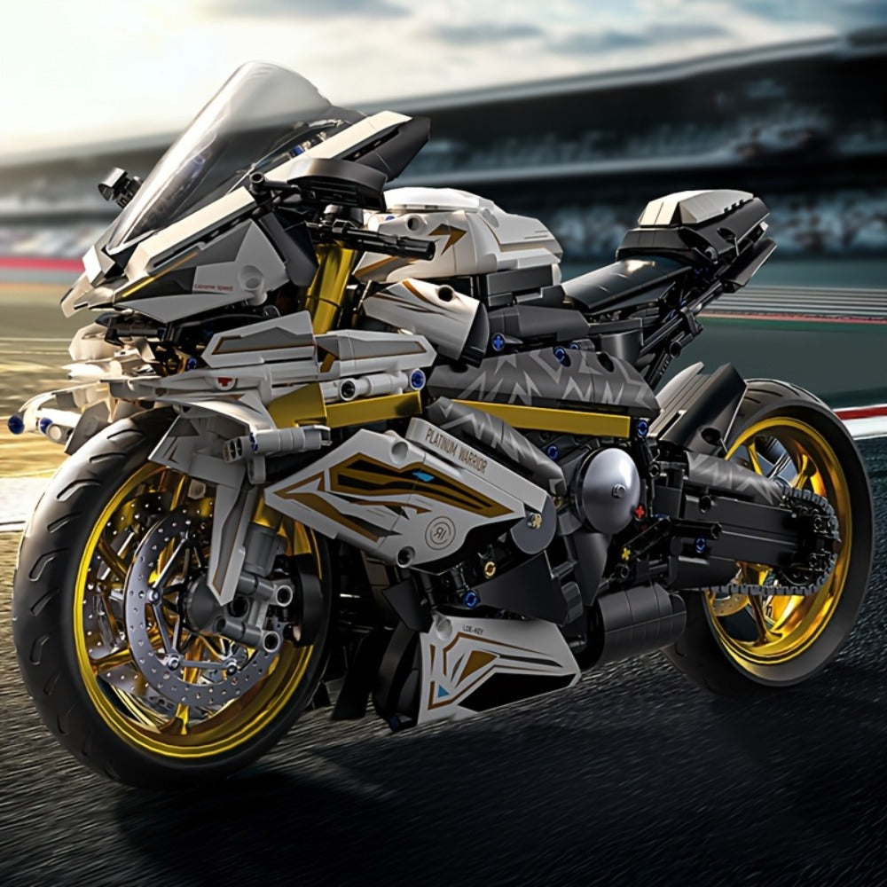 Motorcycle Building Blocks Model Kit 1:5 Scale 2000+ Pieces, Platinum Gold & White Collectible Brick Motorbike Display Set — 