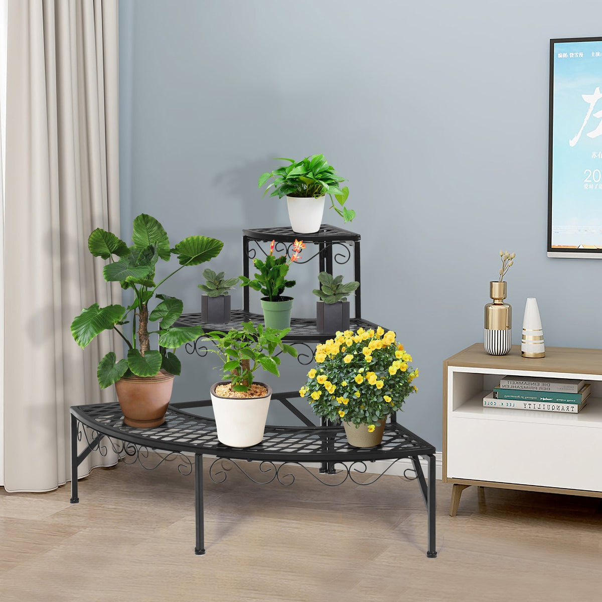 Three-Tier Black Metal Corner Plant Stand with Fan-Shaped Shelves, Scrollwork and Non-Slip Feet — image 9