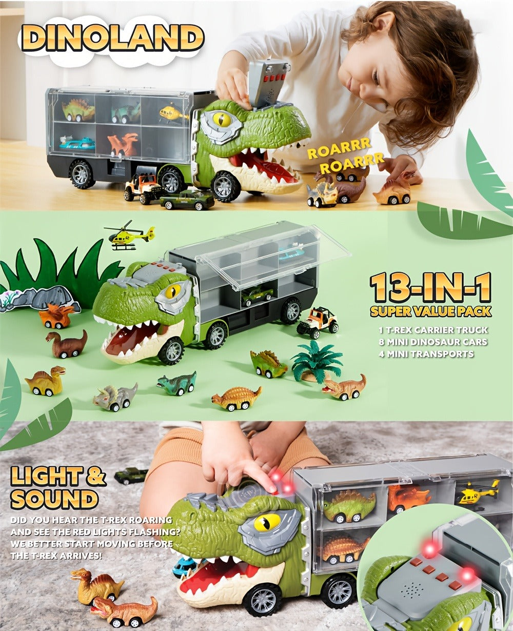 Dinosaur Truck Toy Set 13 PCS, Transport Carrier Truck with Lights & Sounds + 8 Pull-Back Cars + 3 Die-Cast Dino Vehicles + H