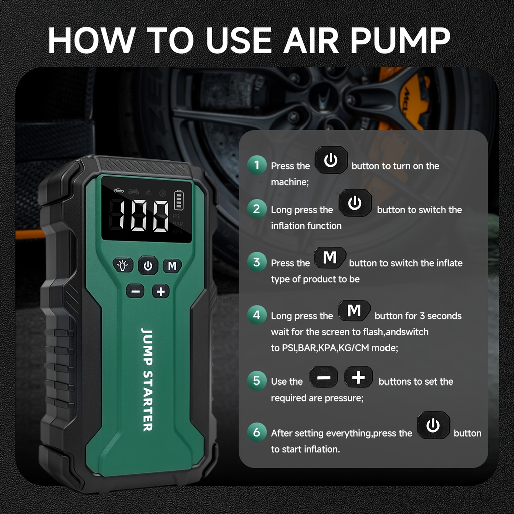 10000A Car Jump Starter with 12V Clamps, LED Light and Optional Integrated Air Pump in Red, Green or Gray — image 13