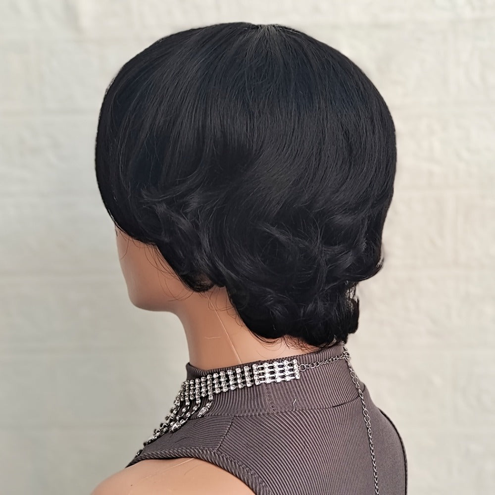 Pixie Cut Wig Human Hair with Bangs Glueless Short Brazilian Layered Machine Made Throw-On-and-Go Hairpiece Natural Black 1B 