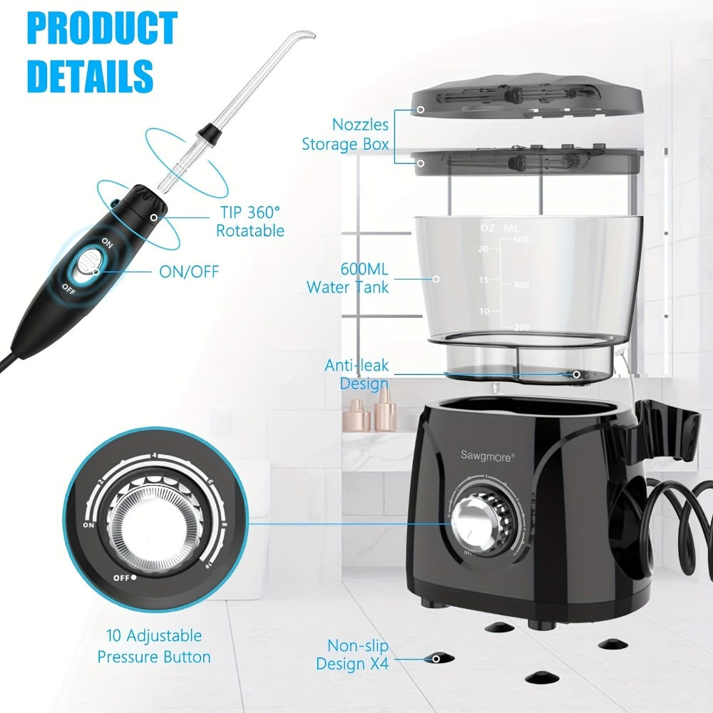 Water Flosser for Teeth & Braces 600ml Large Tank – 10 Adjustable Pressure Levels 8 Nozzles IPX4 Waterproof Professional Oral