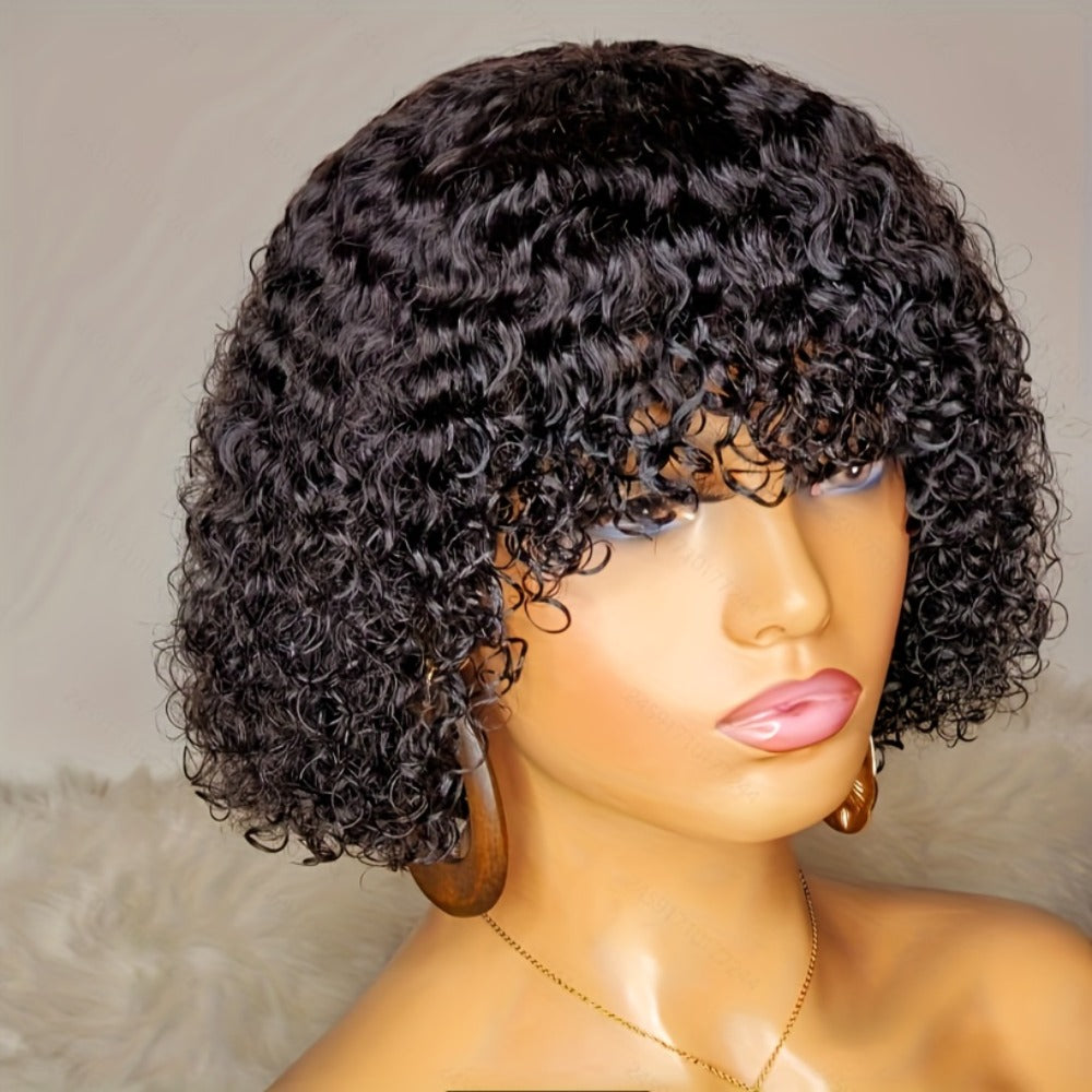 Wavy Elf-Cut Human Hair Wig with Bangs, Rose Mesh Cap and Black 10-Inch Layered Short-Hair Style — image 2