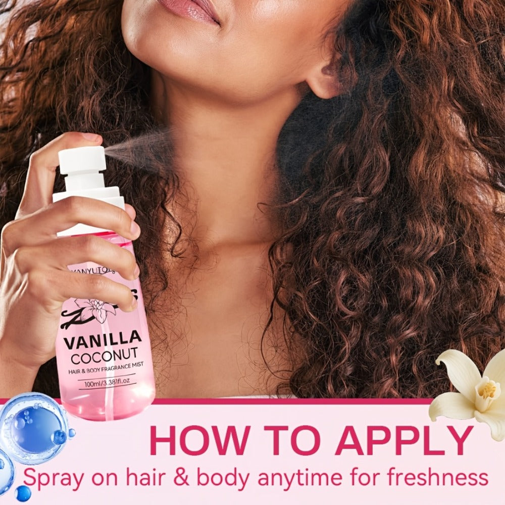 Coconut Vanilla Fragrance Mist Hair & Body Spray – Alcohol-Free with Vitamin E, Argan Oil & Glycerin, Moisturizing Long-Lasti