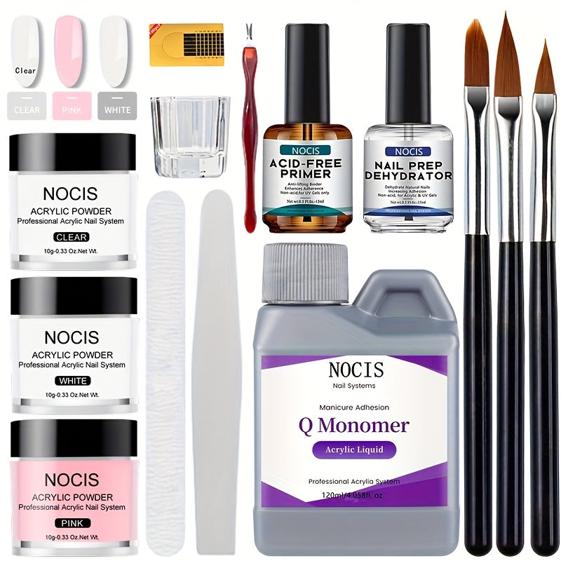 Acrylic Nail Kit NOCIS Three 10g Powders with Q Monomer, Primer, Brush Cleaner, Four Brushes and Mixing Cup — image 9