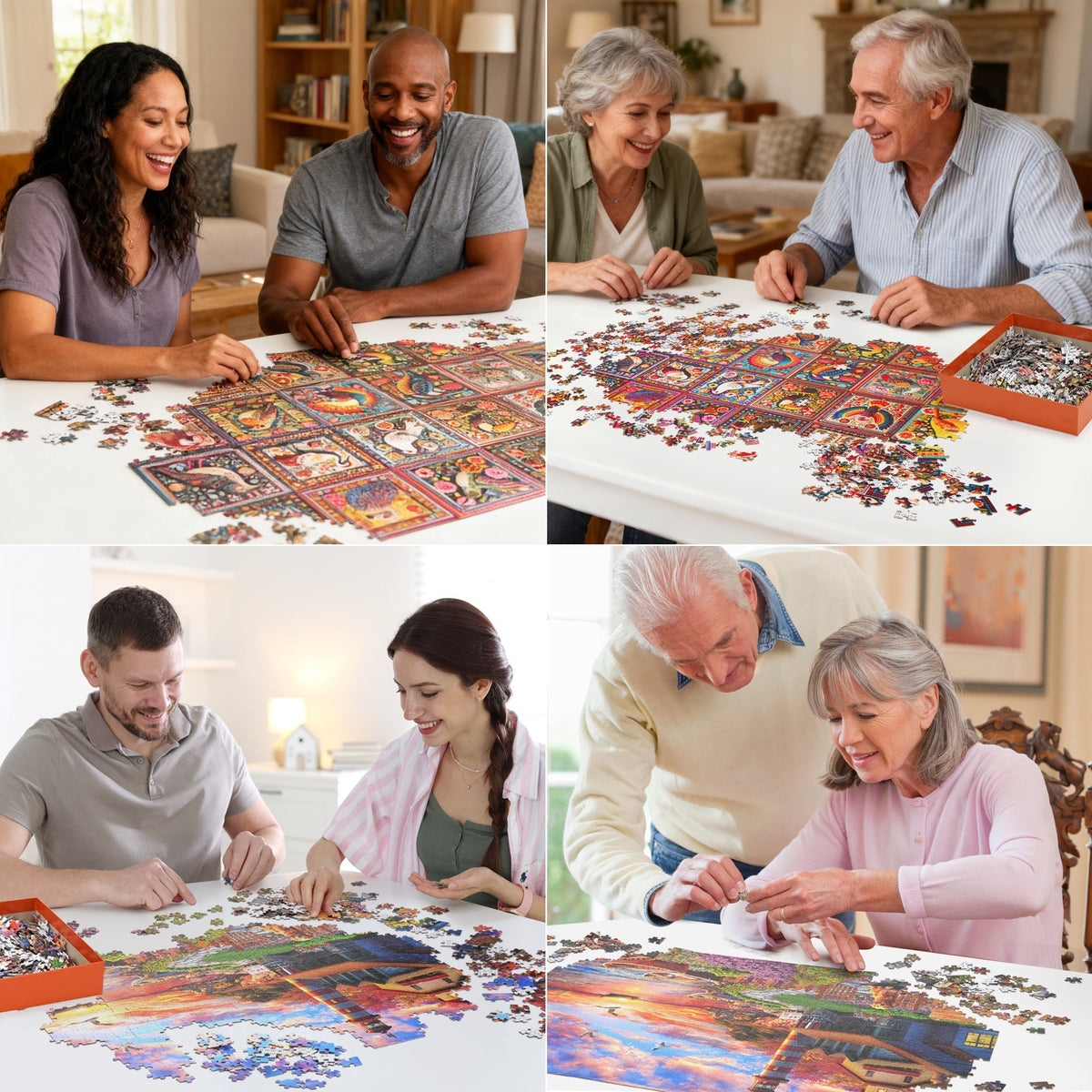 1000 Piece Jigsaw Puzzles for Adults 3 Pack – Sunset Lighthouse, Bird Crochet & Moroccan Pottery Set, Precision-Cut Brain Tea