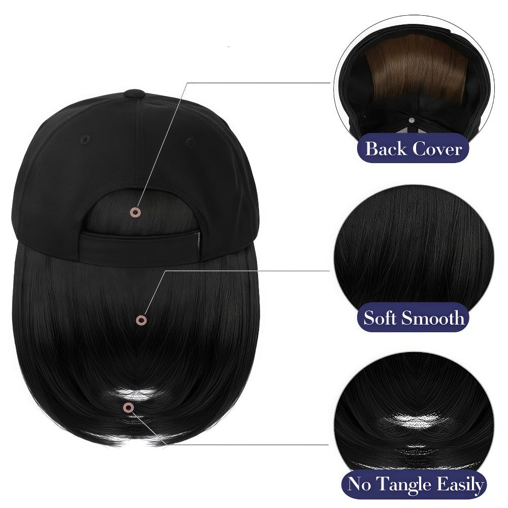 Baseball Cap Wig Women 2-in-1 Short Bob 12 Inch Glueless Synthetic Straight Breathable Adjustable Heat Resistant Natural Look