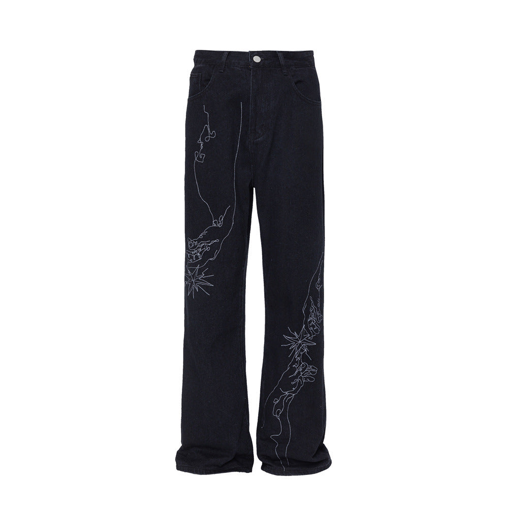 Line Embroidery Straight Jeans Men