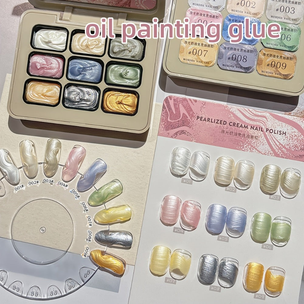 Pearlescent Nail Gel 9-Grid Shell Shimmer Mother of Pearl Cream Oil Painting Gel Polish Set – Multicolor Glitter Iridescent S
