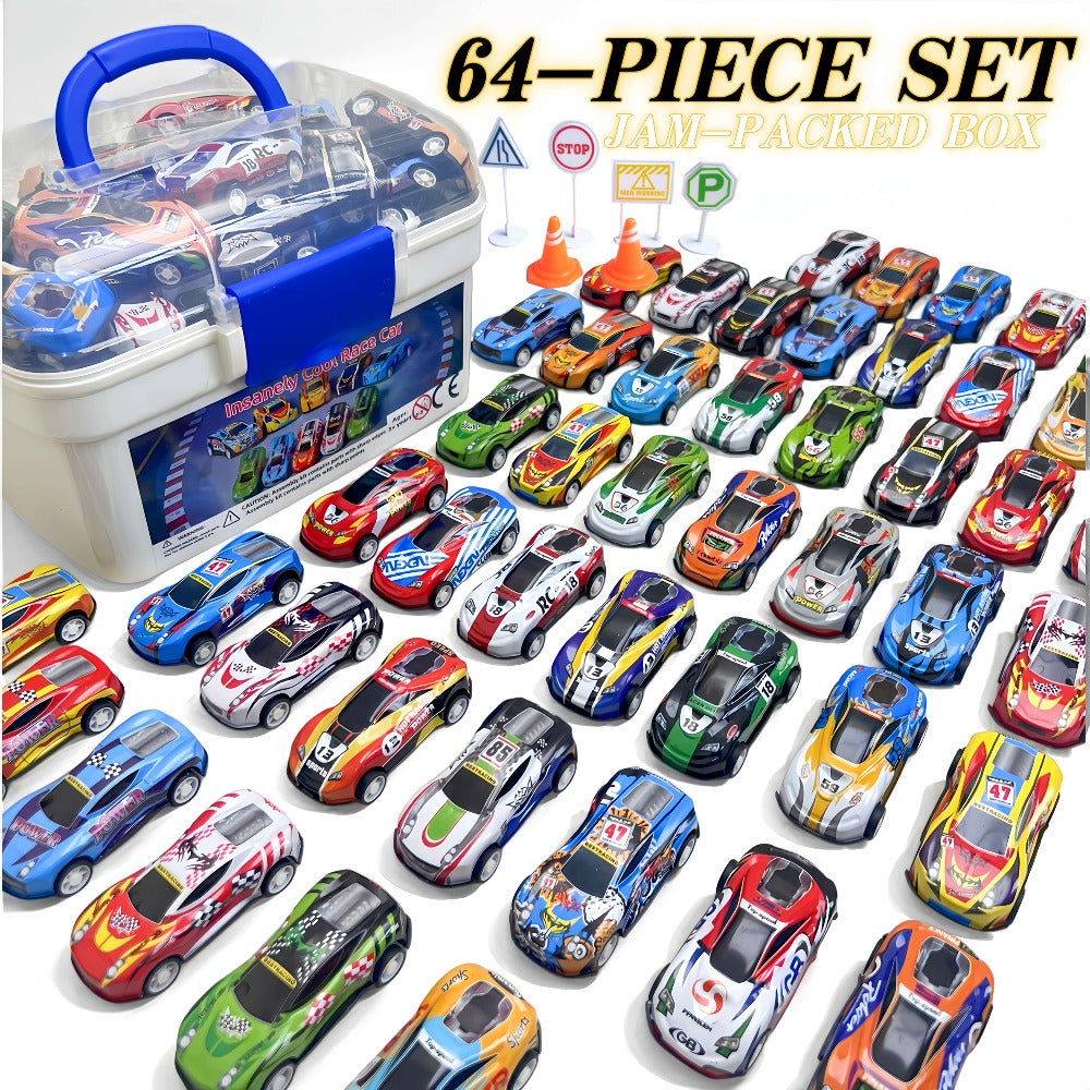 64 Pcs Pull Back Toy Car Set with City Map, Traffic Signs & Storage Box, 56 Mini Die-Cast Vehicles for Kids Boys Girls Ages 3