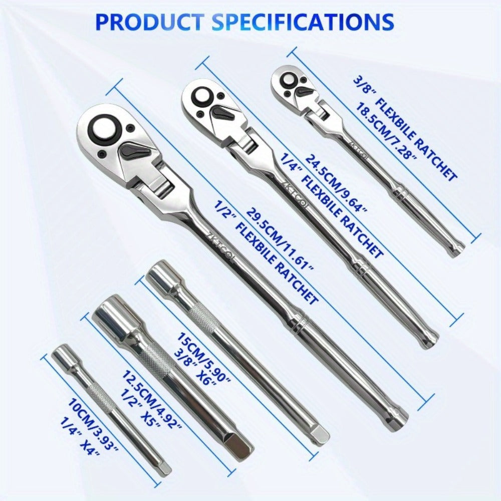Swivel Head Ratchet Wrench Set – Spring-Loaded Flex Head 1/4" 3/8" 1/2" Drive with Extension Bar, Single or Multi-Pack for Au