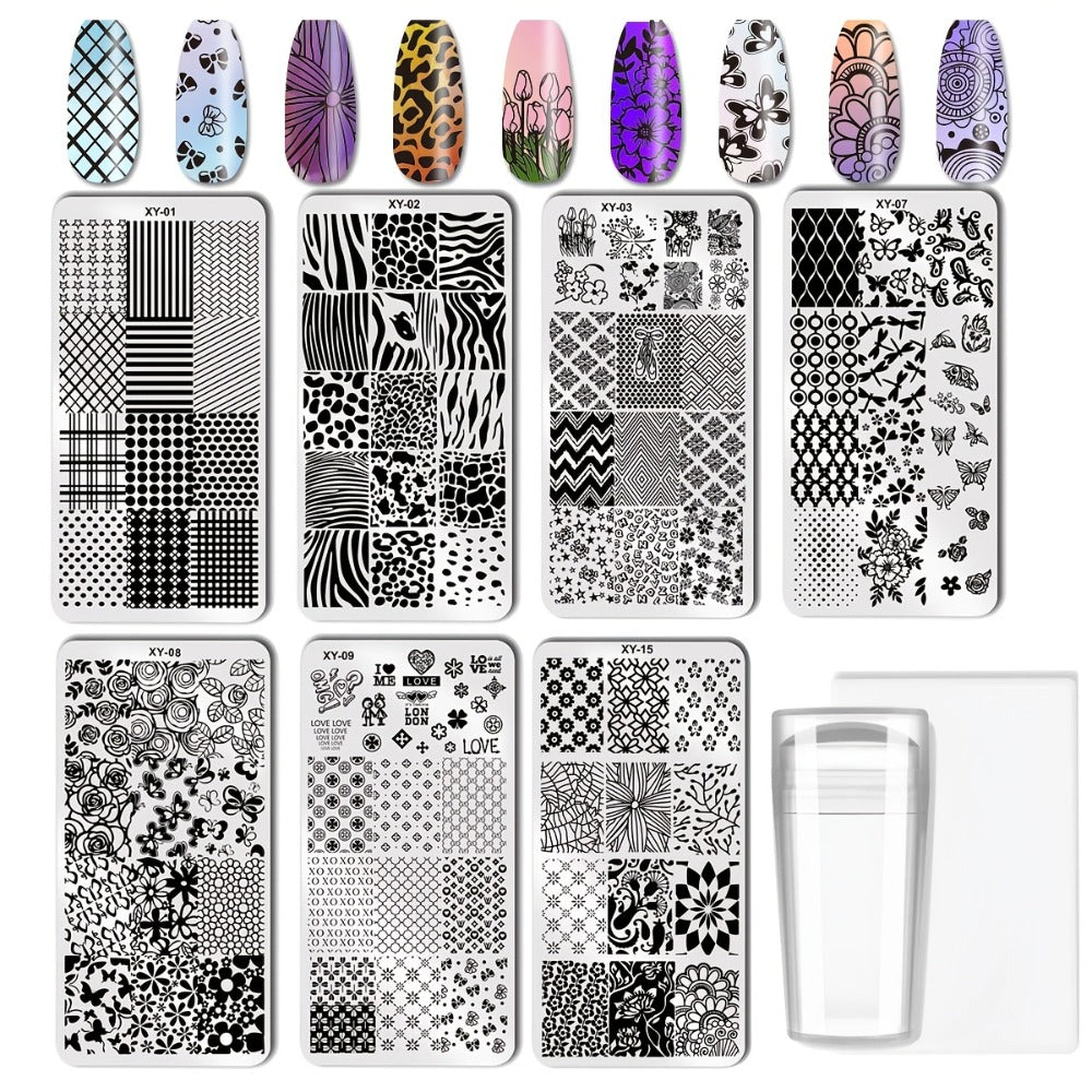 Nail Stamping Plate Set 9Pcs with 7 Mixed Design Stainless Steel Plates – Complete Nail Art Stamp Kit with Stamper & Scraper 