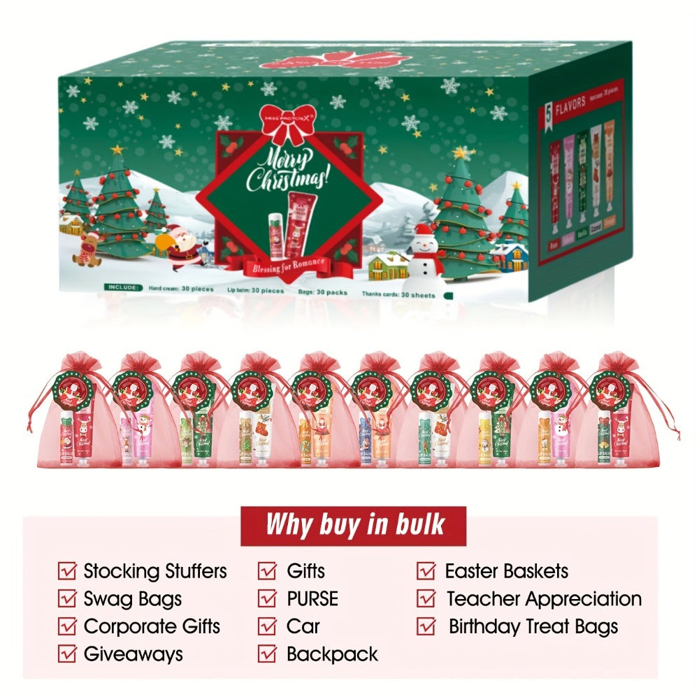 Bulk Gift Set 120 Pieces Lip Balm & Hand Cream with Red Velvet Bags & Holiday Cards – Moisturizing Party Favors for Colleague