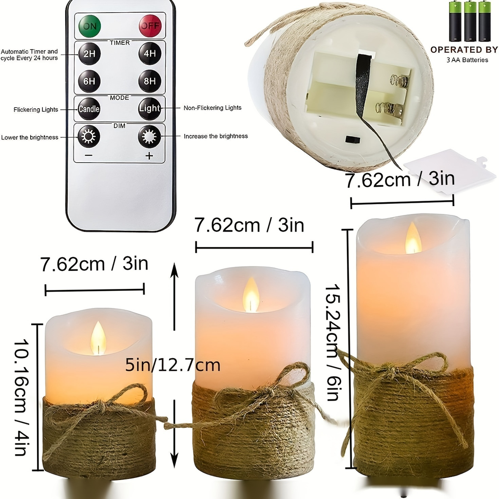 Flameless LED Pillar Candles Set of 3 Battery Operated with Remote Timer Flickering Jute Rope Home Bedroom Ocean Theme Decor 