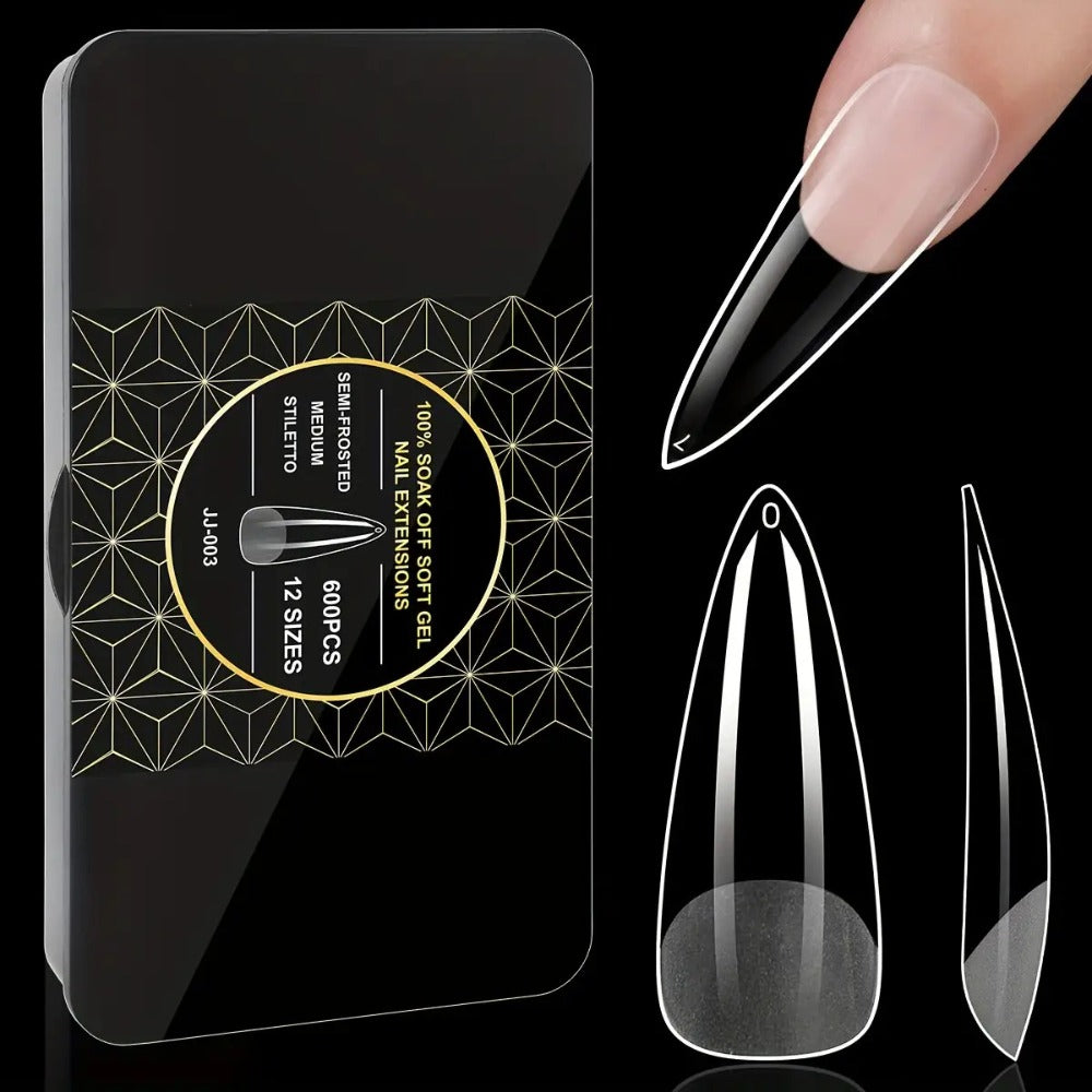 Gel Nail Tips 600 Pieces Clear Crystal Full Cover Nail Extensions – Almond Oval Coffin Stiletto Square Short Medium Long Soft