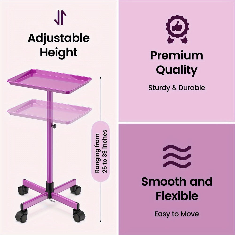 6-Color Premium Aluminum Salon Rolling Tray on Wheels – Adjustable Height Hairdresser Cart, Tattoo Tray, Spa Service Trolley 