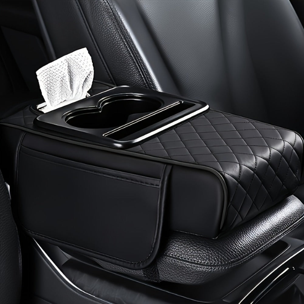 Car Center Console Cover PU Leather – Universal Armrest Box Mat with 2 Cup Holders & 2 Side Pockets, Phone & Card Storage — i
