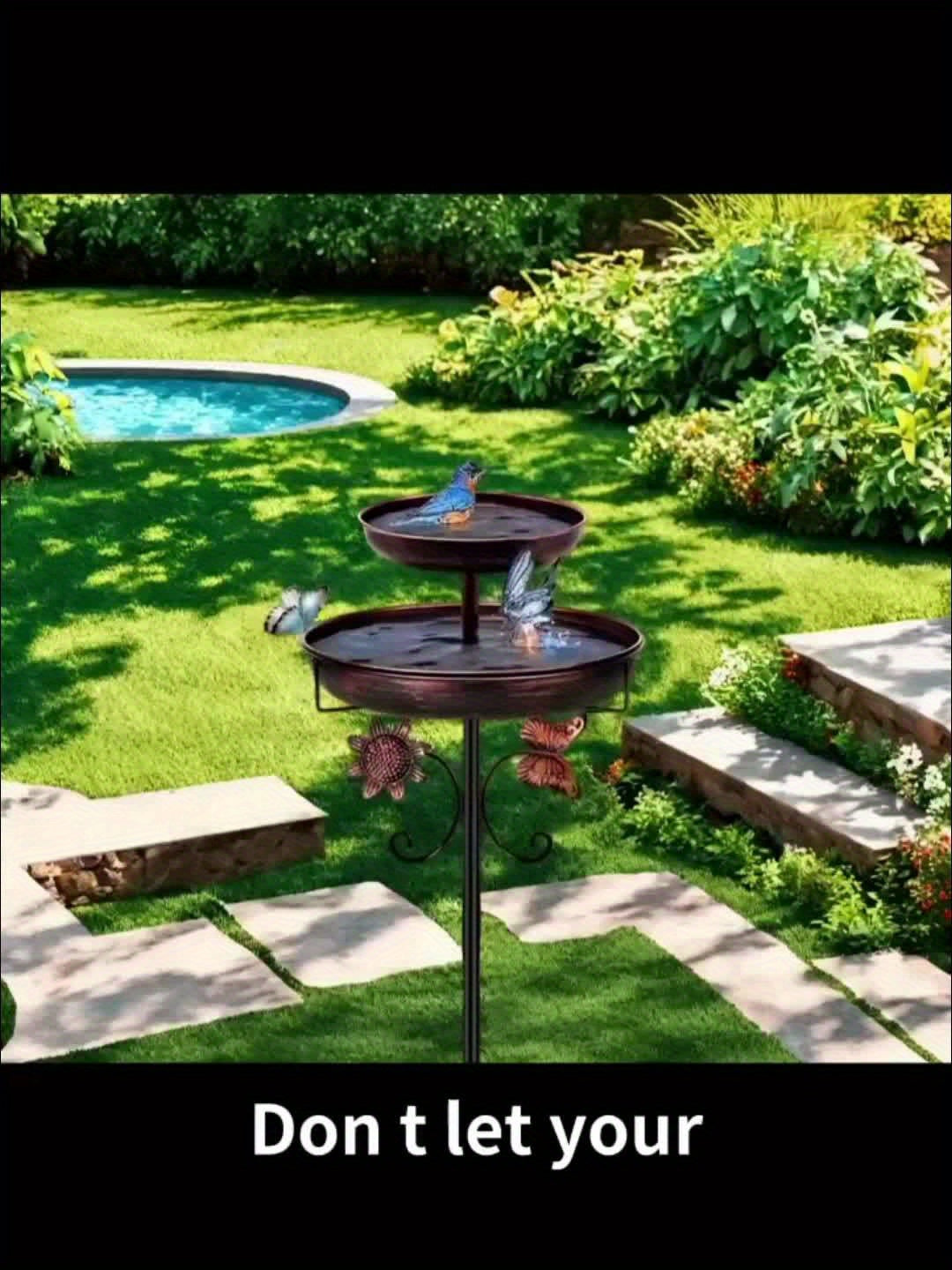 Two-Tier Bird Bath and Feeder with 5-Claw Ground Stake, Copper-Color Bowls and Leaf Accents — image 7